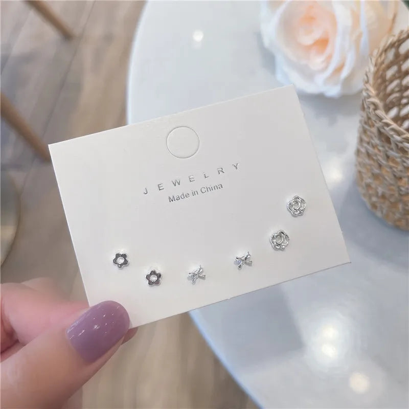 4 Pair Set Silver Color Heart Stud Earrings Sets for Women Girls Exquisite Party Dailywear Jewelry Simple Cute Gift Accessories