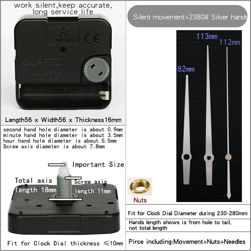 Clock Mechanism With Hands Silent Plastic DIY Accessory Kits Sweep Quartz Movement