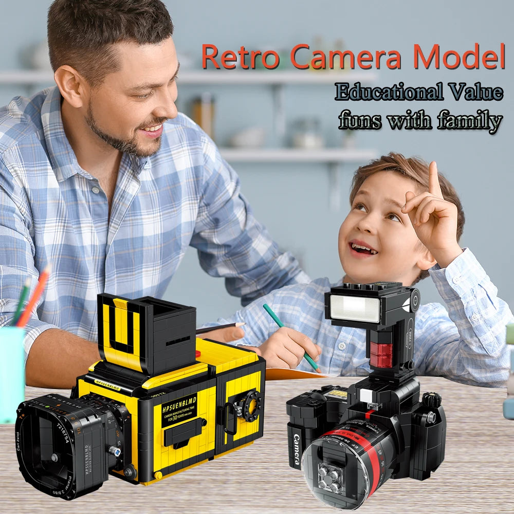 Retro Camera Building Blocks with Theatre Scene Toys LED Light Stage, Nostalgic Camera, Home Office Decor, Perfect Gift for Kid
