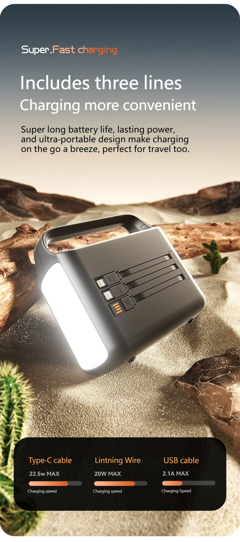 200000mAh Power Bank Large Capacity Portable Outdoor Emergency Power Supply Built-in cable Camping Iight For iPhone Xiaomi
