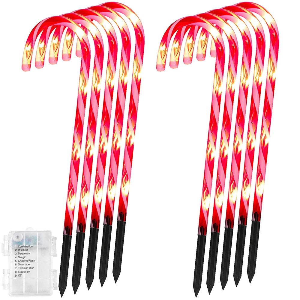 4/5/8/10 LED Christmas Candy Cane Lights Battery Waterproof Outdoor Pathway Marker Stakes String Light Garden Patio Party Decor