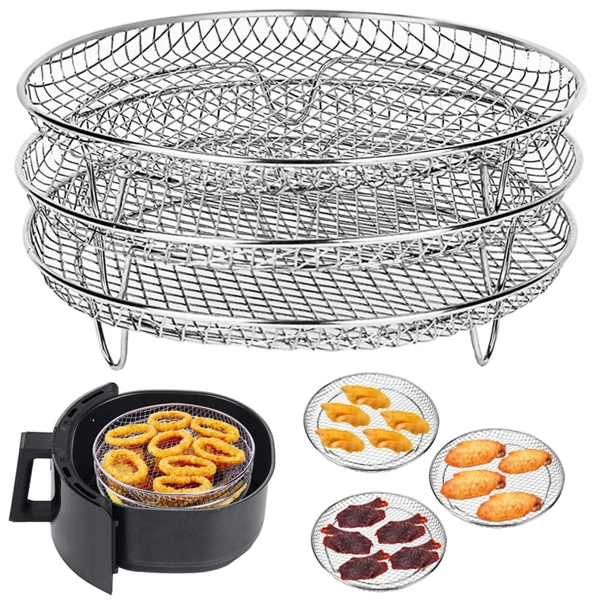 3-layers Air Fryer Rack Stackable Grilling Rack Stainless Steel Airfryer Oven Grill Steamer Cooker Kitchen Gadgets Cooking Tools