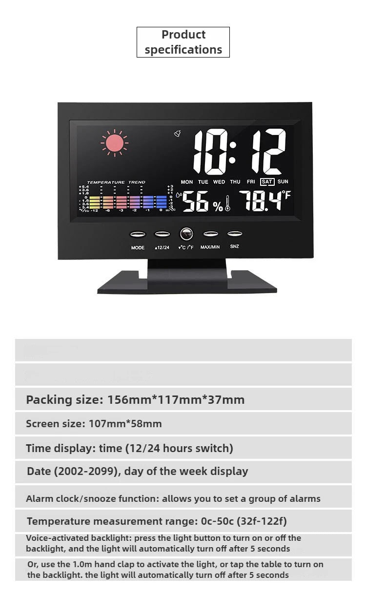 Electronic Alarm Clock Digital Alarm Clock Weather Station Time Temperature Humidity Display Clock with USB Cable Sound Control