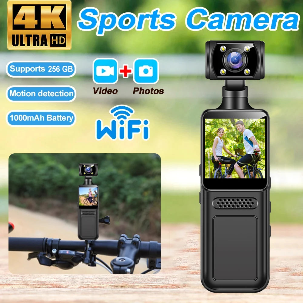 64GB 4K Ultra HD Action Mini Camera 180 Rotatable Vlog Wifi Sports Cam Waterproof Case Helmet Travel Bicycle Driver Recorder