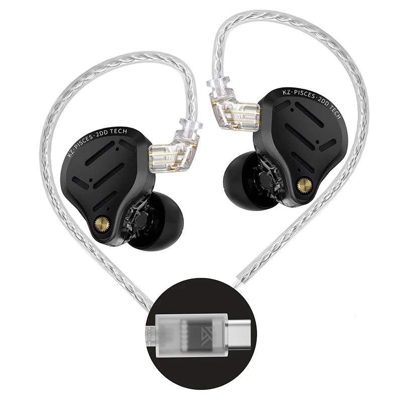 KZ Pisces 2DD Dynamic Drive Earphones Adjustable Earbuds HIFI In Ear Wired Gaming Earphones 2PIN 3.5MM Type-c Plug Cable