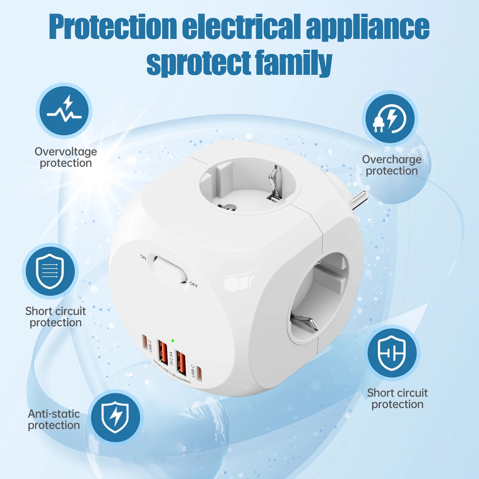Eu plug multi-functional wall socket 4AC+4USB smart fast charging with multiple safety protections, suitable for family travel
