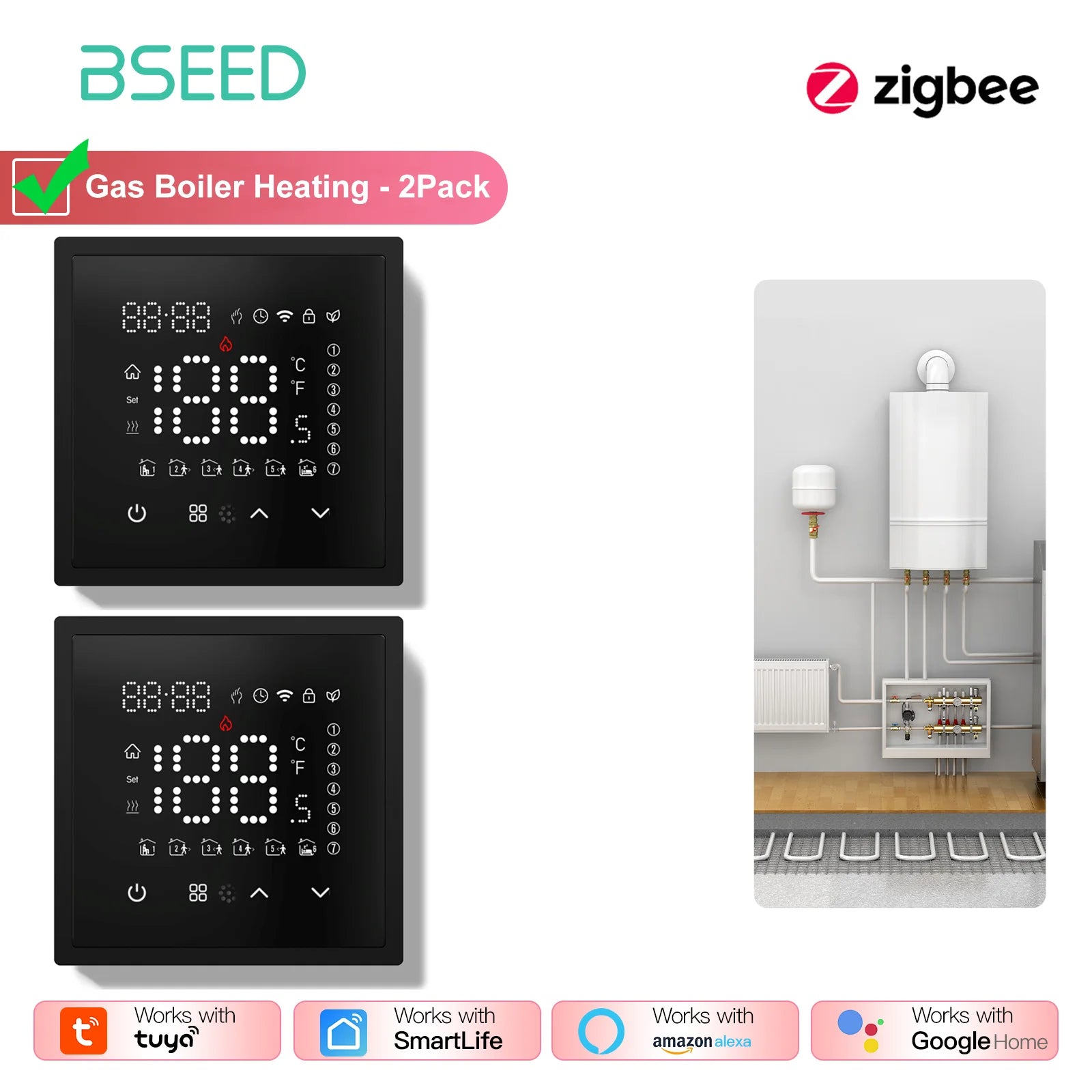 BSEED Zigbee Electric /Water/Gas Boiler Floor Heating Touch Sensor Smart Thermostats Tuya Smart Life Alexa Control Plastic Frame