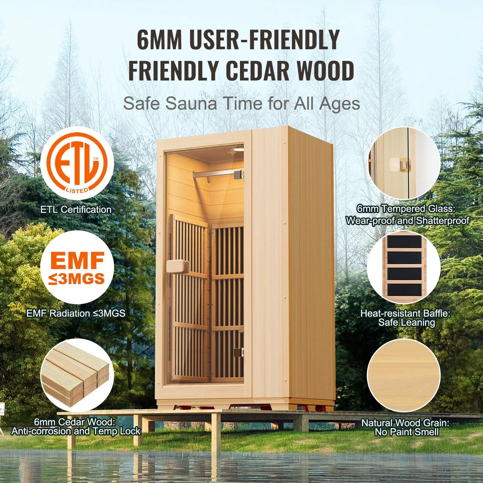 Single Person Home Sauna Spa 1140W Indoor Use Far Infrared LED Reading Lamp Bluetooth Speakers Tempered Glass Door Hemlock Wood