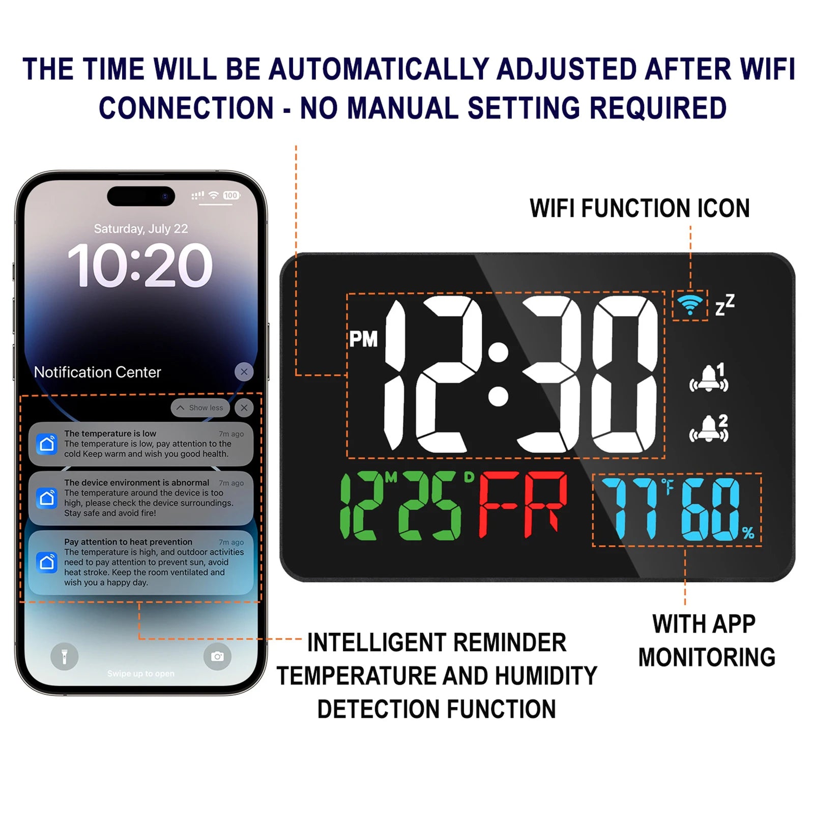 Smart Wifi Digital Wall Clock Temperature Humidity Display 4-Level Brightness Desk Table Electronic LED Alarm Clock Home Decor