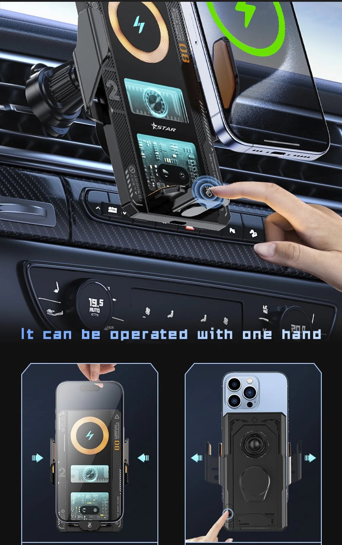 Car Phone Mount With Wireless Charger 66W Magnetic Charging Holder Car Automatic Clamping Stand With Decorative Mood Lighting