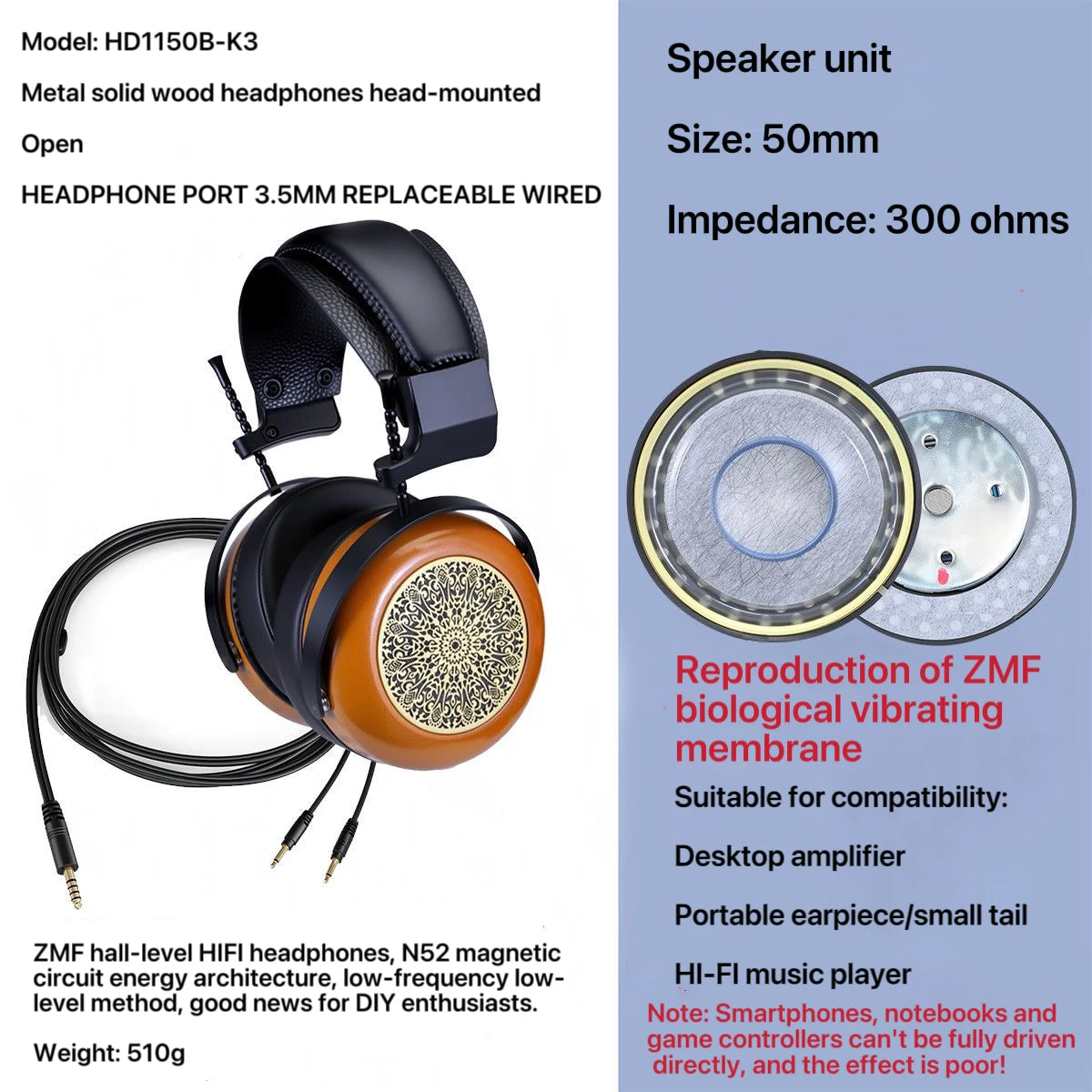 60mm dynamic coil wired headphones | high-resolution open headset | echo smooth music body