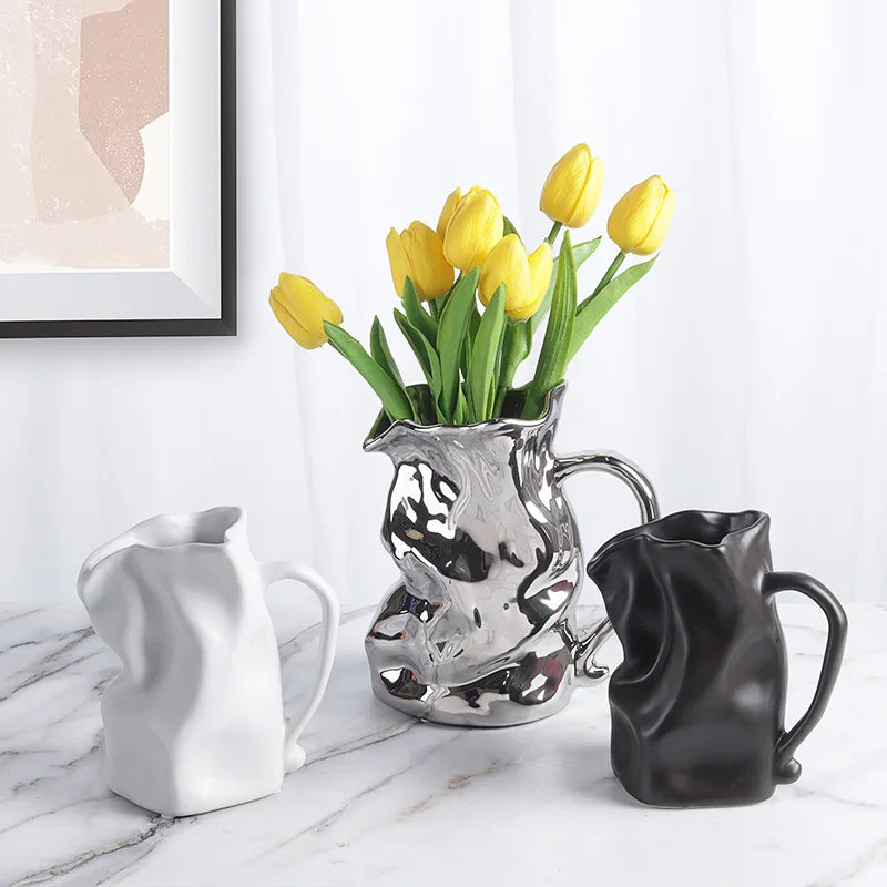 Ceramic Vase Irregularly Pleated Bottle Handle Shape Flower Hydroponics Accessories Room Decoration Vases Pots Terrarium