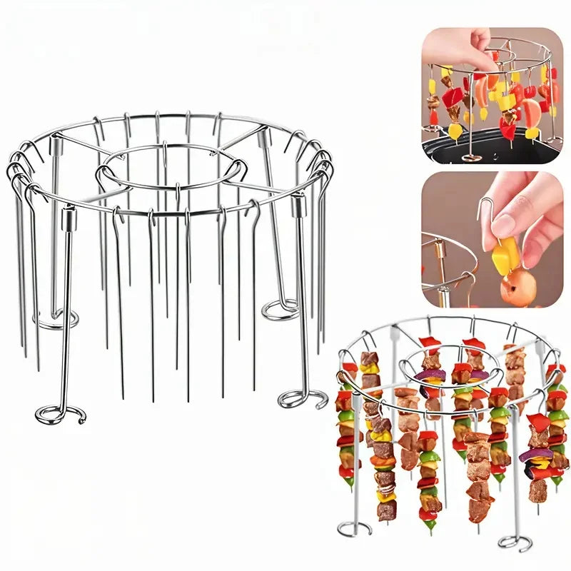 Air Fryer Grill Set: 304 Steel Vertical Grill + 24 Skewers. Grill kabobs evenly indoors/outdoors. Fits 3-6QT models.