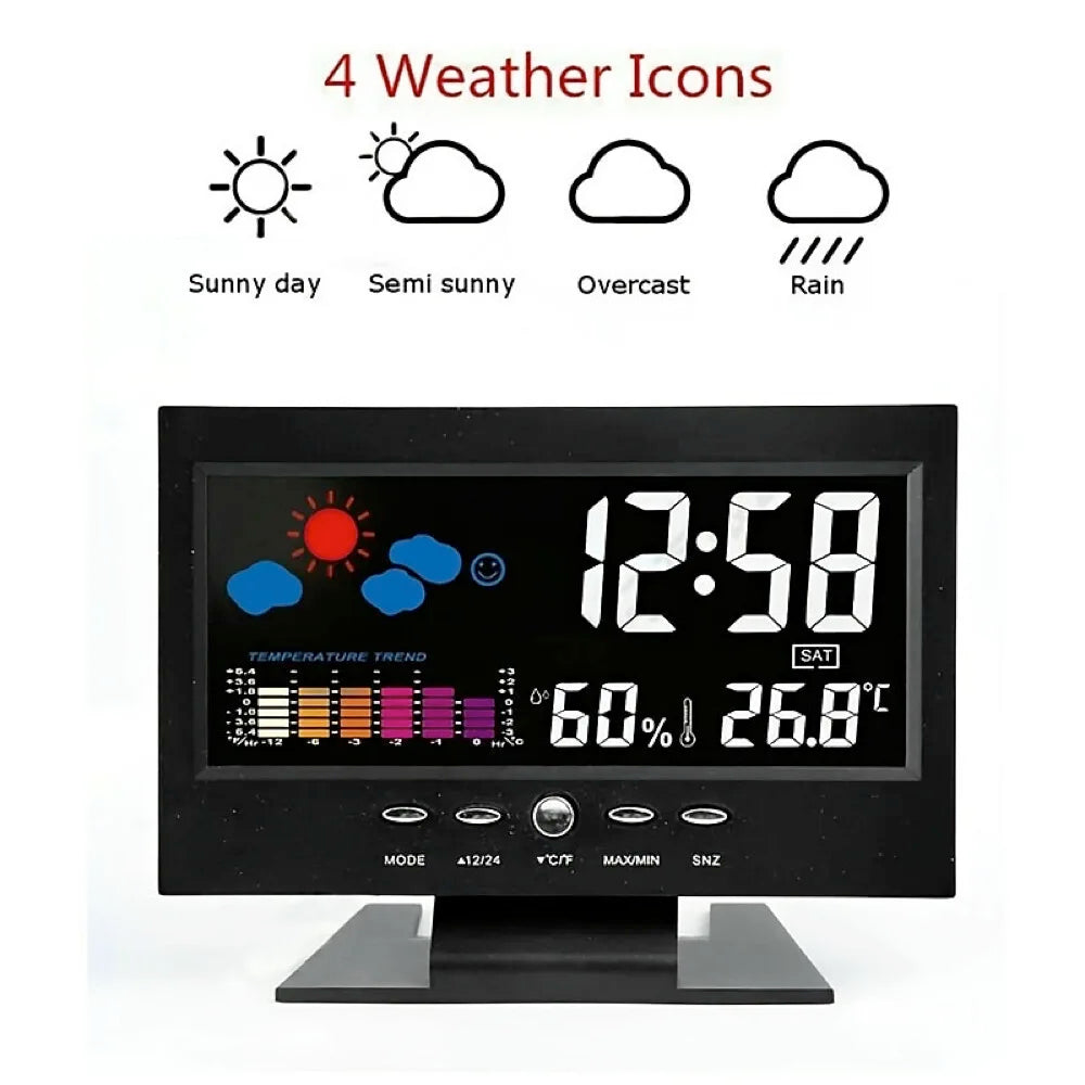 Weather Clock With Time Date Week Temperature Humidity Display Weather Forecast Function With Voice-activated Backlight Function