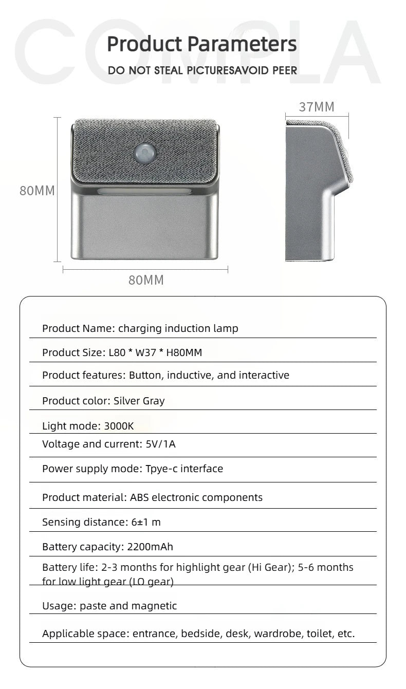 Smart Motion Sensor Wall Light - 2200Mah Usb-C Fast Charging, 3 Adjustable Brightness Levels, Multi-Device Connection, Suitable for Indoor/Outdoor Security Lighting