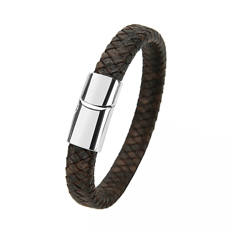 Mibrow Braided Black Leather Men Bracelet 10x5 12x6mm Size Fashion Metal Magnetic Clasp Wrap Bracelets Punk Charm Men Jewelry