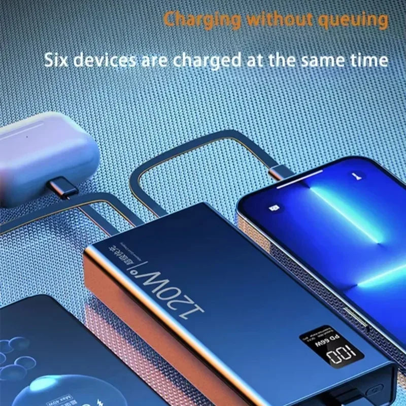 Lenovo 120W 50000mAh High Capacity Power Bank 4 in 1 Cables Fast Charging Power Bank Portable Charger for iPhone Samsung