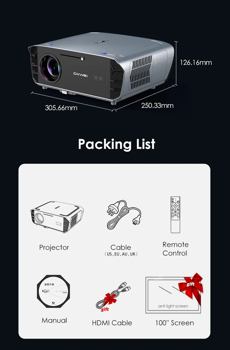 CAIWEI S7+ 4K Ultra HD Projector Video 4000 ANSI Home Theater Android for Movies Auto Focus Smart TV Beam Projectors for Outdoor