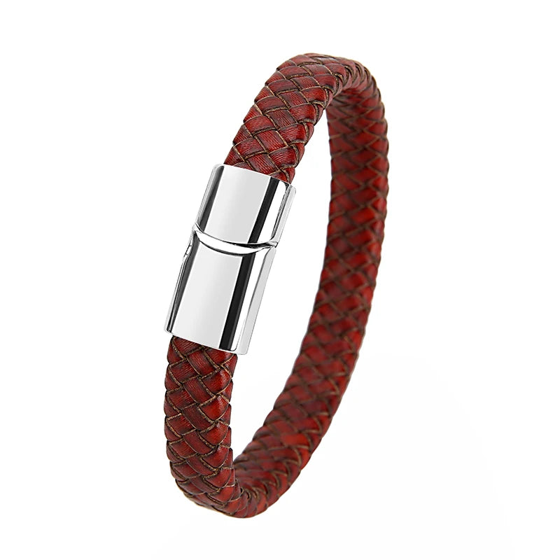 Mibrow Braided Black Leather Men Bracelet 10x5 12x6mm Size Fashion Metal Magnetic Clasp Wrap Bracelets Punk Charm Men Jewelry