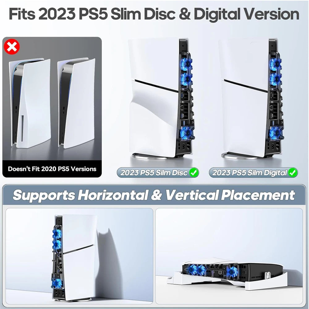 Cooling Fan with LED Light for Playstation 5 Slim Disc and Digital Editions Cooling System Cooler Base For PS5 Slim Accessories