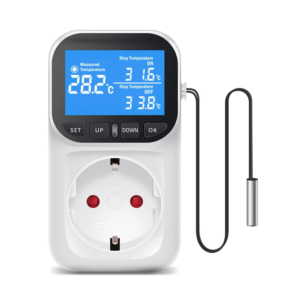 16A Thermostat Socket Multi-Function Temperature Controller Outlet with Timer Switch Sensor Probe Heating Cooling Switch