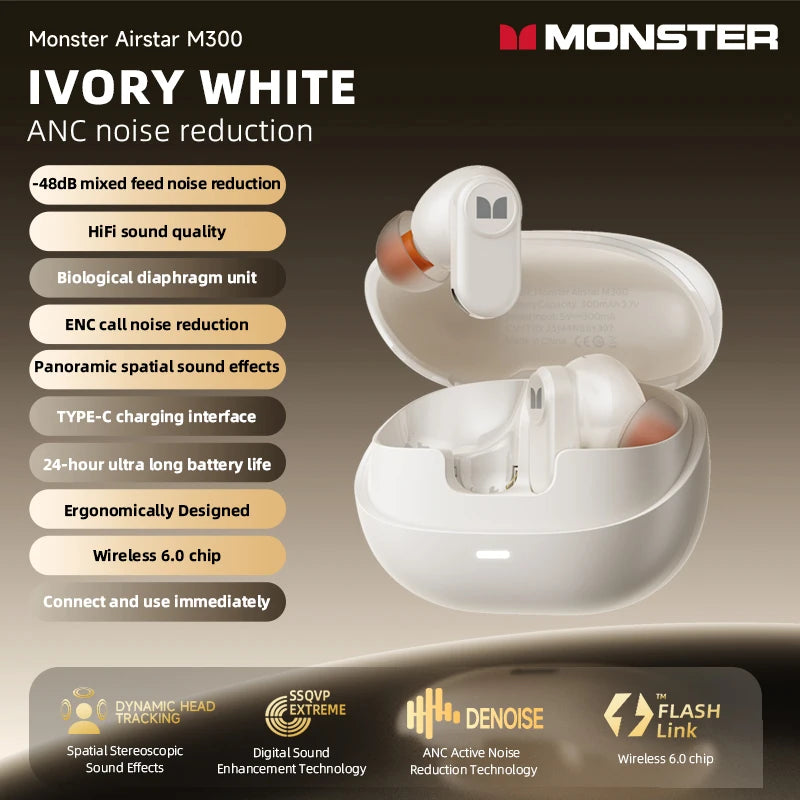 Monster AIRSTAR M300 OWS Gaming Wireless Earphones Bluetooth 6.0 Ear Clip Sports Earbuds HD Calls Noise Cancelling Headphones