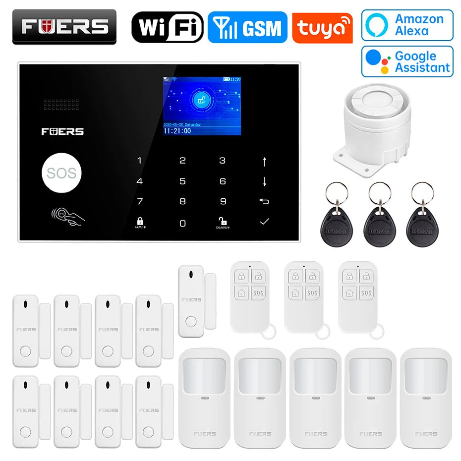 FUERS WIFI GSM Alarm System Wireless Home Burglar Security Alarm System Tuya APP Control Siren Motion Detector PIR Smoke Sensor