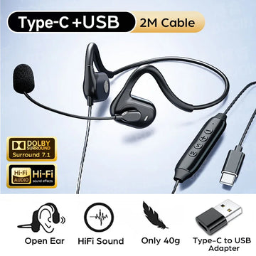Open Ear Headphones Type-C Air Conduction Hifi Sound Gaming Headset with DSP Noise Reduction Earphones Microphone for Phone PC