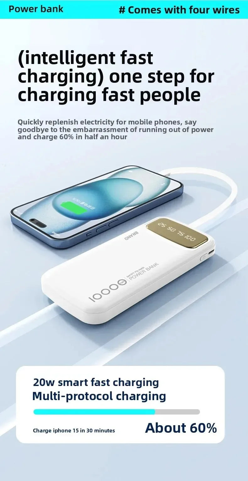 CCC Certified 10000mAh 20000mAh Power Bank Built in Type C Cable Ultra Thin Digital Display Portable External Battery Powerbank