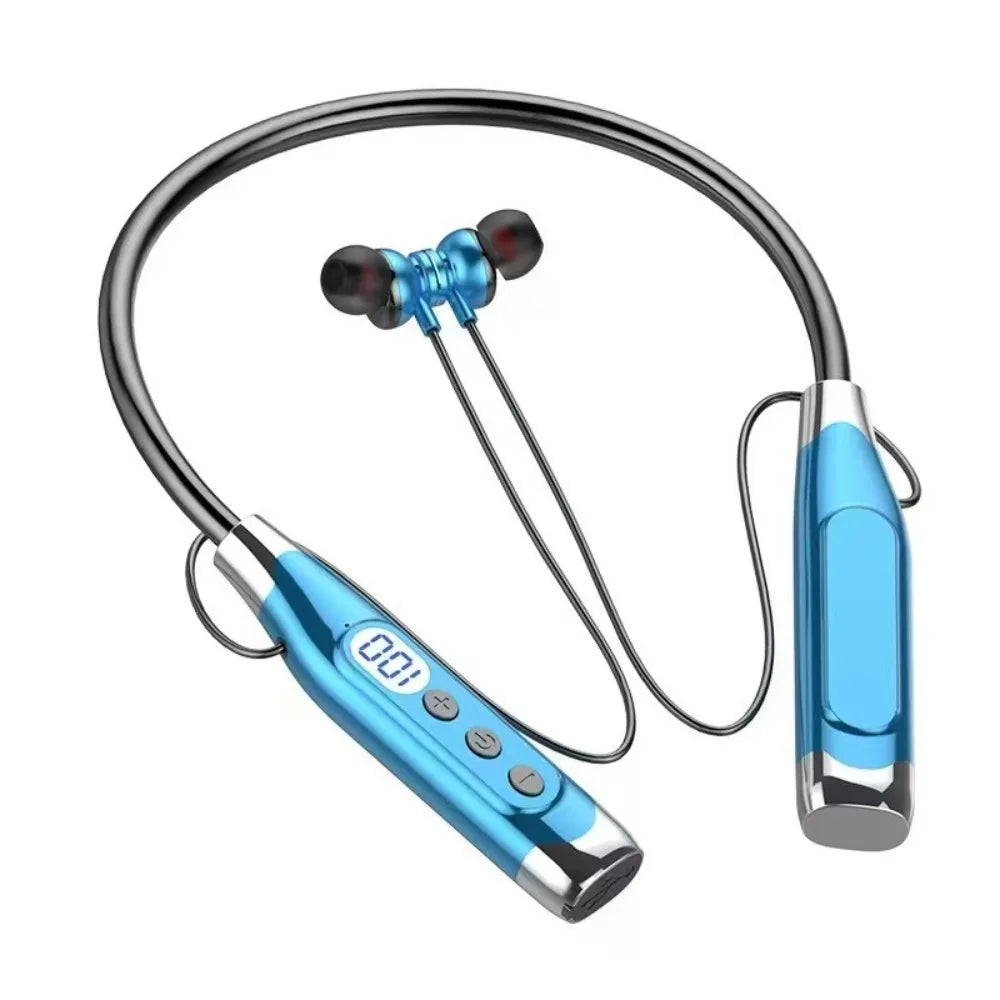 LED Digital Display Neckband Headphones Waterptoof 3D Stereo Wireless Bluetooth Earphones Mega Bass Neck-mounted Sports Headsets