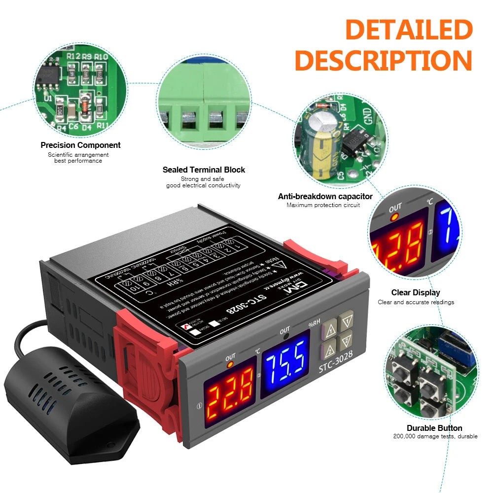 STC-3028 Wired Temperature Controller Digital Thermostat Controller Temperature And Humidity Controller Sensor AC 220V DC12V 24V