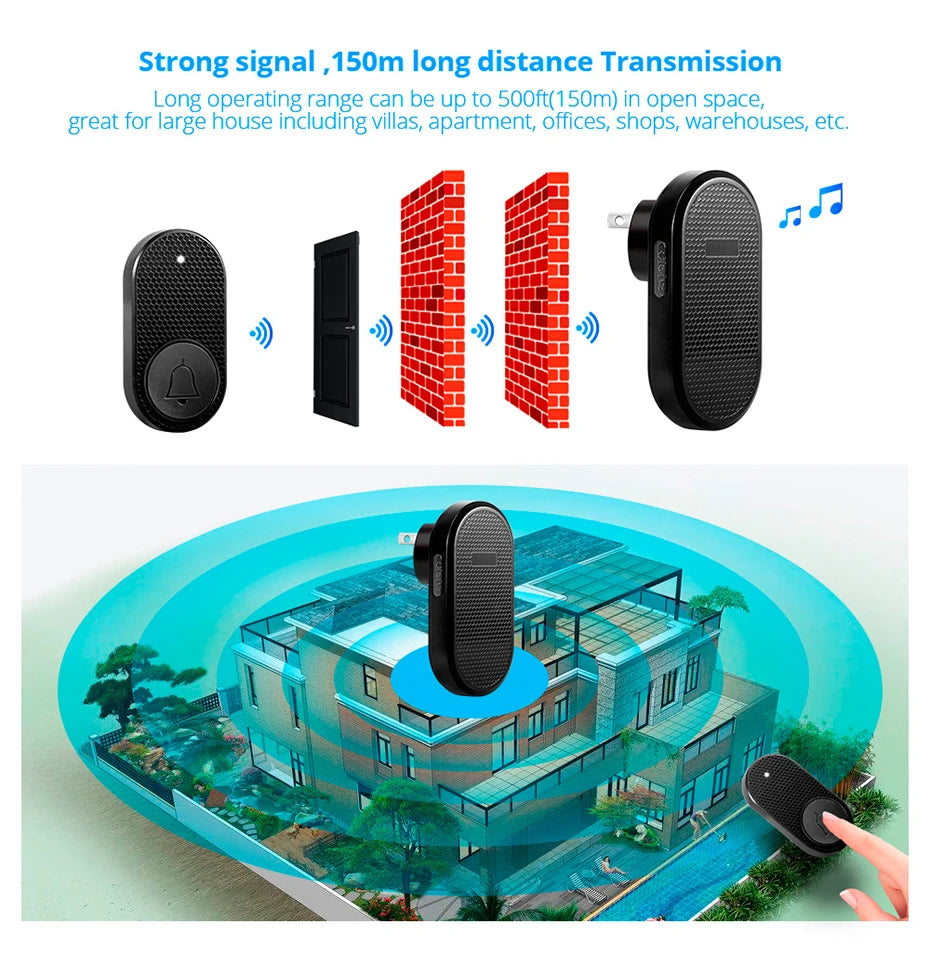 Wireless Doorbell with 33 Songs Melody Smart Home Welcome Chime Kit 4 Level Volume Intelligent Door Bell 150m Transmission