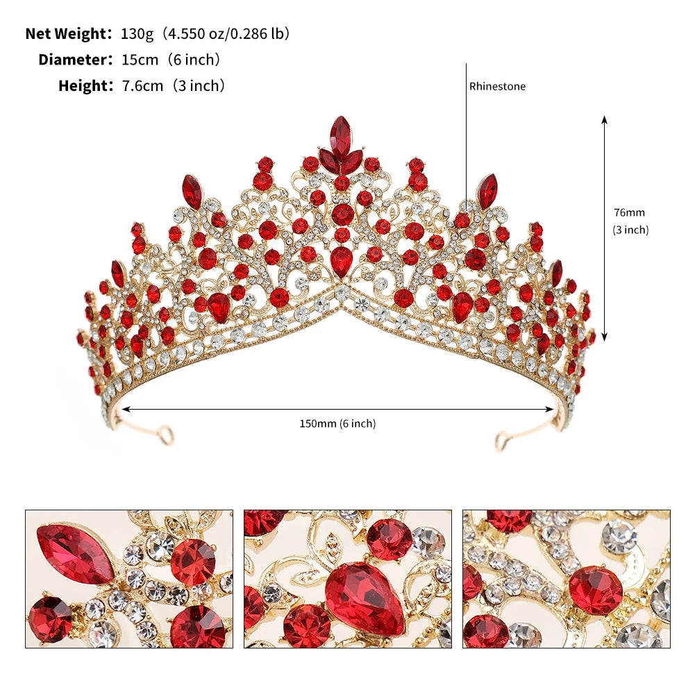 Red Luxury Bridal Wedding Crown Handmade Rhinestone Elegant Tiara Halloween Red Collection Hairbands Headpieces Accessories