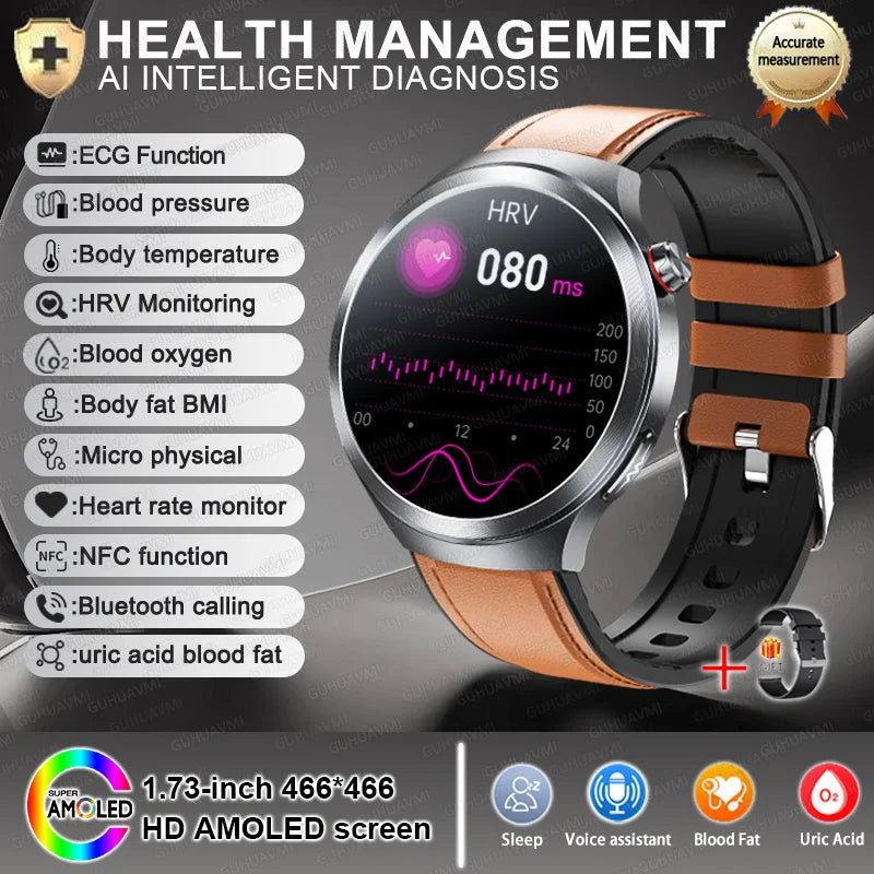 2026 New Sapphire Glass Health Trackr Uric Acid Blood Fat Smart Watch Blood Pressure ECG+PPG Clock Body Analysis Smartwatchs Men
