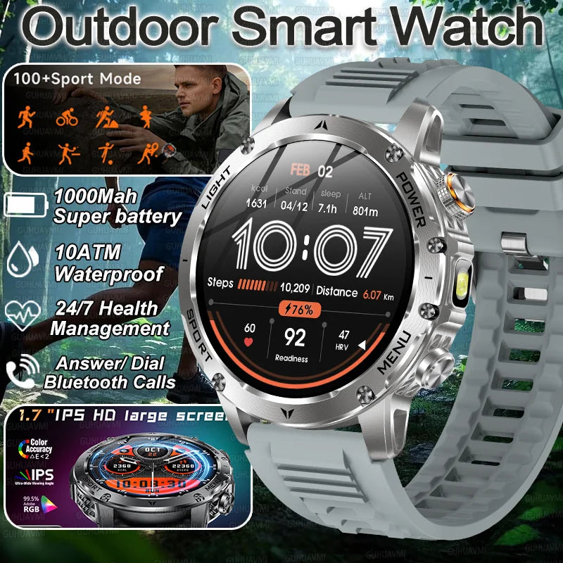 2025 New Military Smart Watch 1000Mah Battery Fitness Tracking 10ATM Waterproof Tactics Sport Flashlight call Bracelet For Men