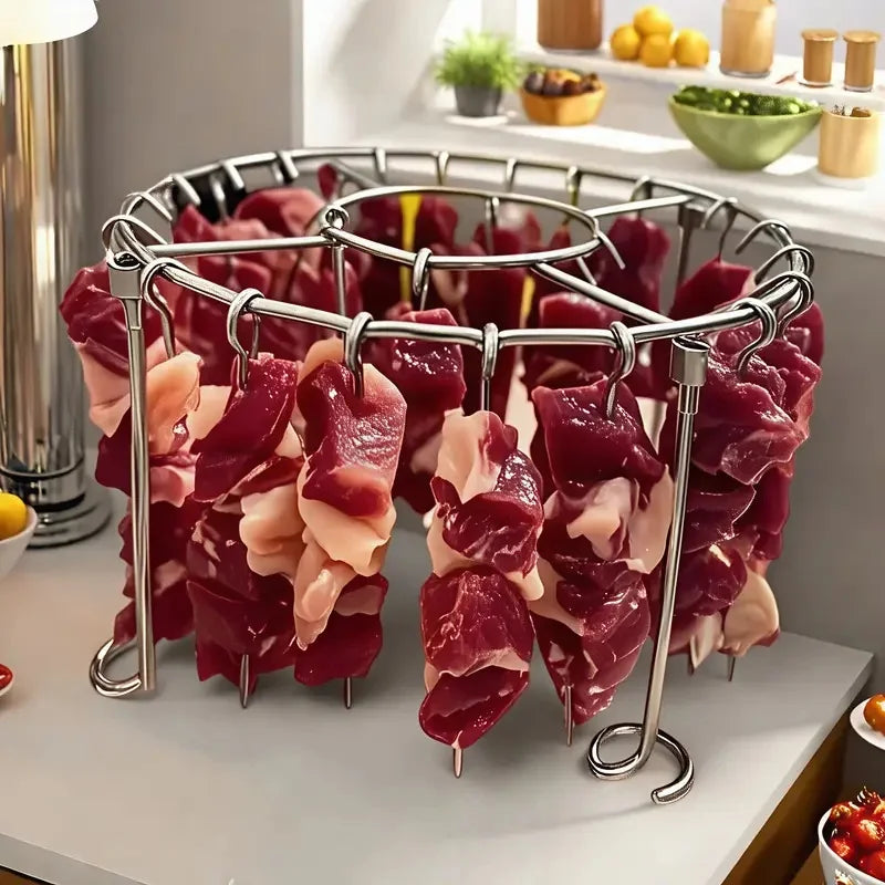 Air Fryer Grill Set: 304 Steel Vertical Grill + 24 Skewers. Grill kabobs evenly indoors/outdoors. Fits 3-6QT models.