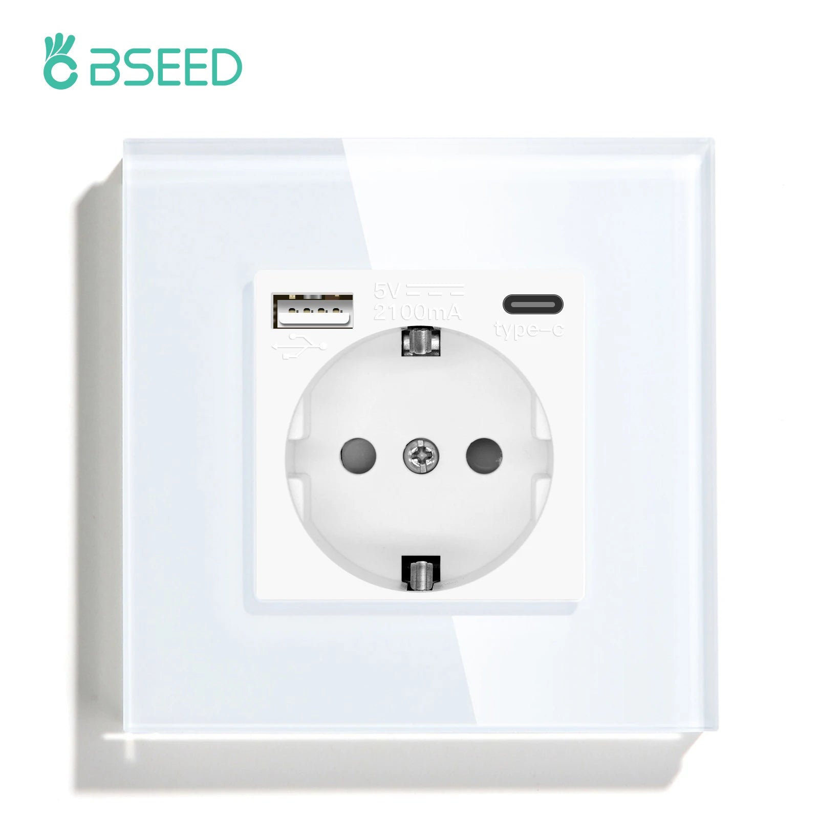 BSEED Touch Light Switch With EU Power Wall Sockets White Wall Led Switches 1/2/3Gang 1Way Crystal Glass Panel Dark Backlight