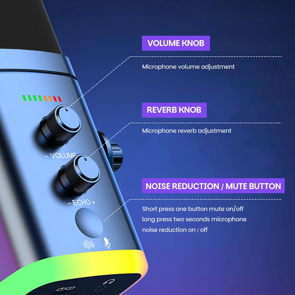 EASEMELO Dynamic RGB Breathing Light Microphone with Noise Cancelling USB Type-C Wired HIFI Sound Card for Gaming Streaming