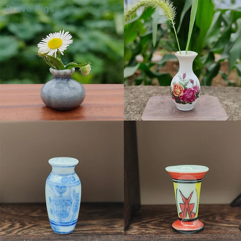 Mini Jars Vintage Ceramic Colorful Vase 1/12 Dollhouse Model Toy Micro Landscape Ornament Scene Prop Living Room Decor