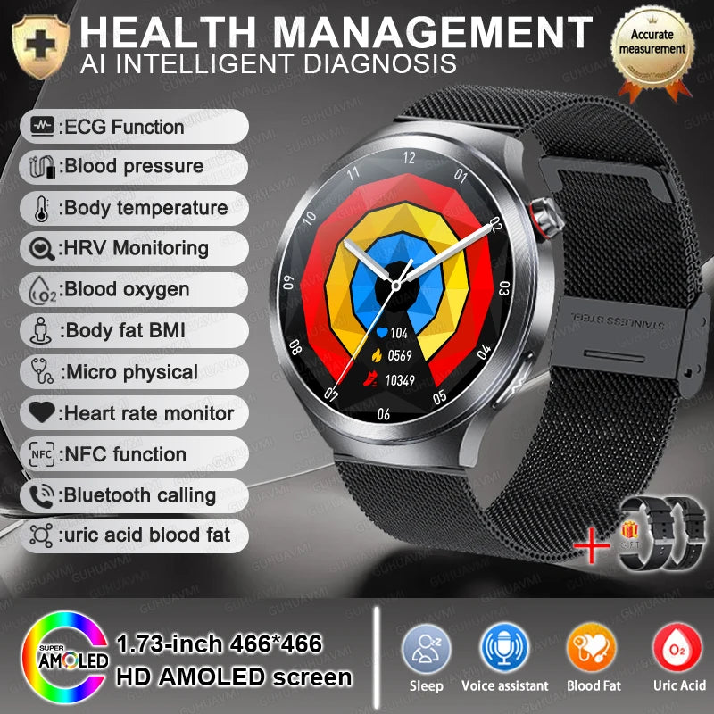 2026 New Sapphire Glass Health Trackr Uric Acid Blood Fat Smart Watch Blood Pressure ECG+PPG Clock Body Analysis Smartwatchs Men