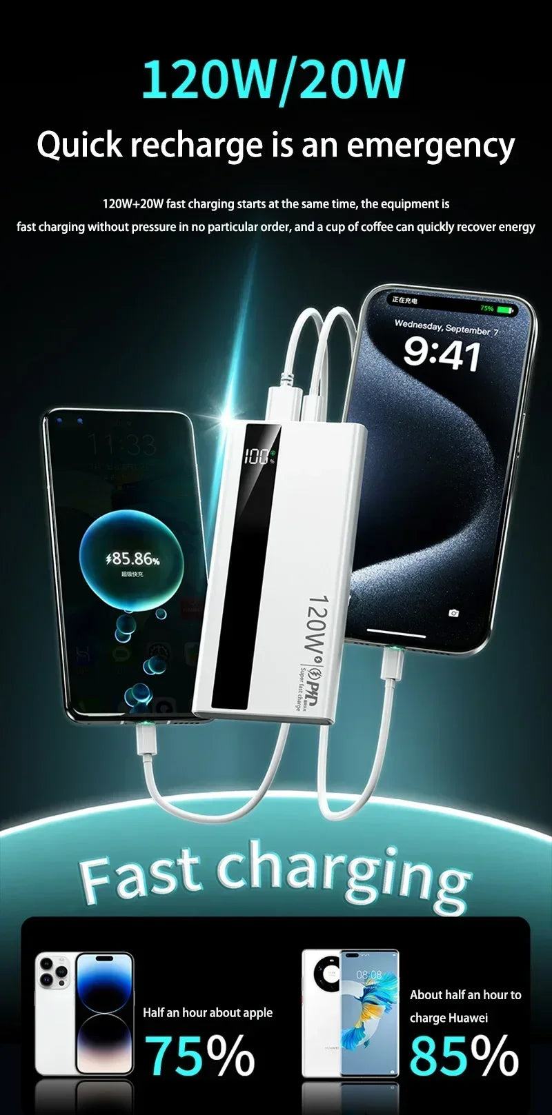 120W Fast Charging Power Bank 500000mAh High Capacity External Battery Digital Display Portable Power Bank For Iphone17 Xiaomi17