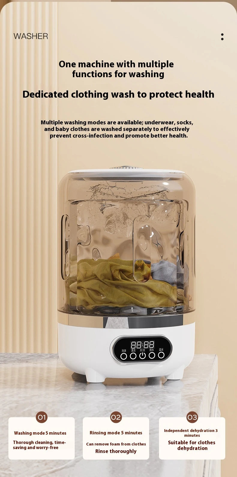 Mini turbo washing machine 3L fully automatic small USB charging portable sock and underwear specific washing machine.