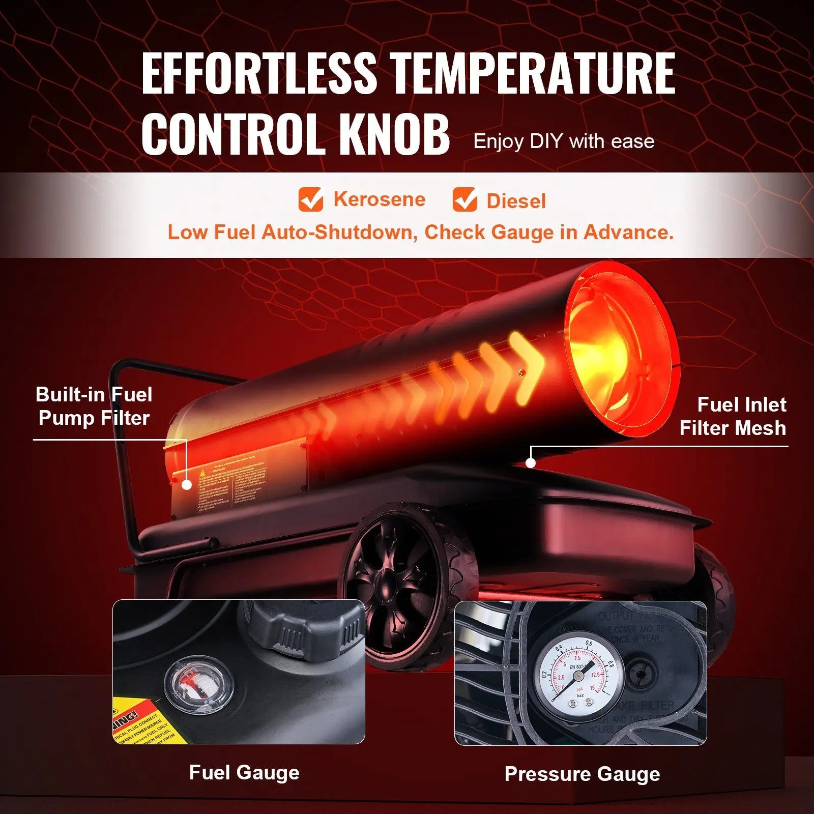 Kerosene Forced Air Heater, 175000 BTU Portable Air Space Heater with Thermostat, 13.2 Gallon Tank Energy-Efficient heavy-duty H