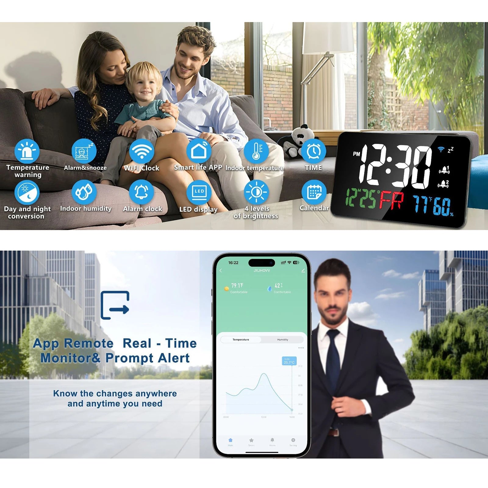 Smart Wifi Digital Wall Clock Temperature Humidity Display 4-Level Brightness Desk Table Electronic LED Alarm Clock Home Decor