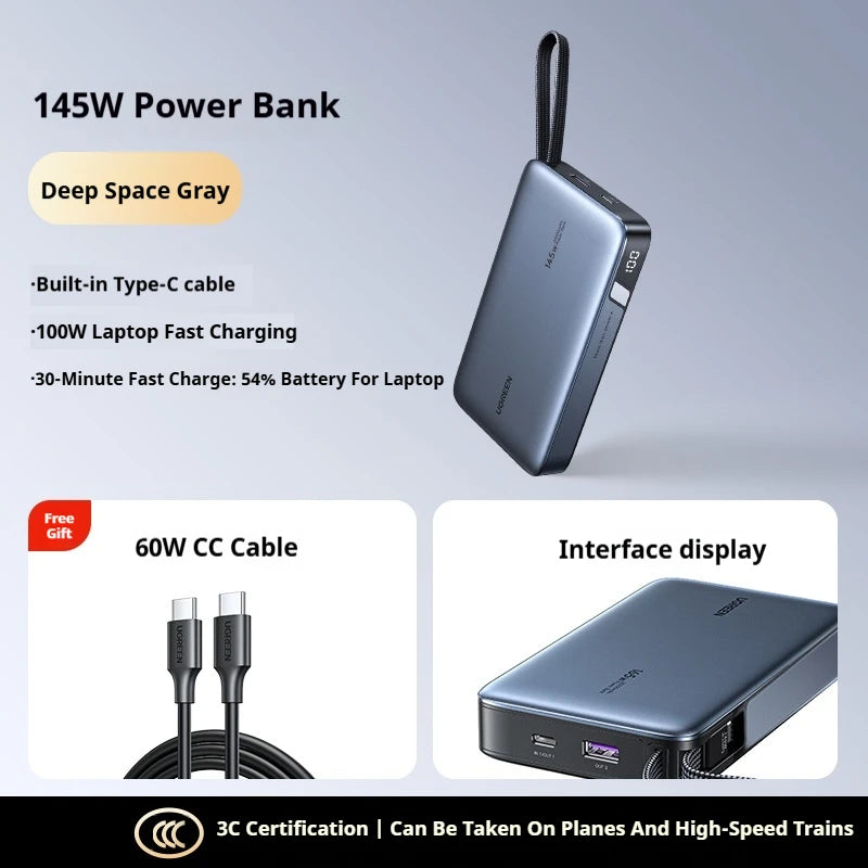 UGREEN 20000mAh Power Bank With Built in Cables 145W Fast Charge Mobile Power Bank iPhone17 Laptop Notebook Customized Charger