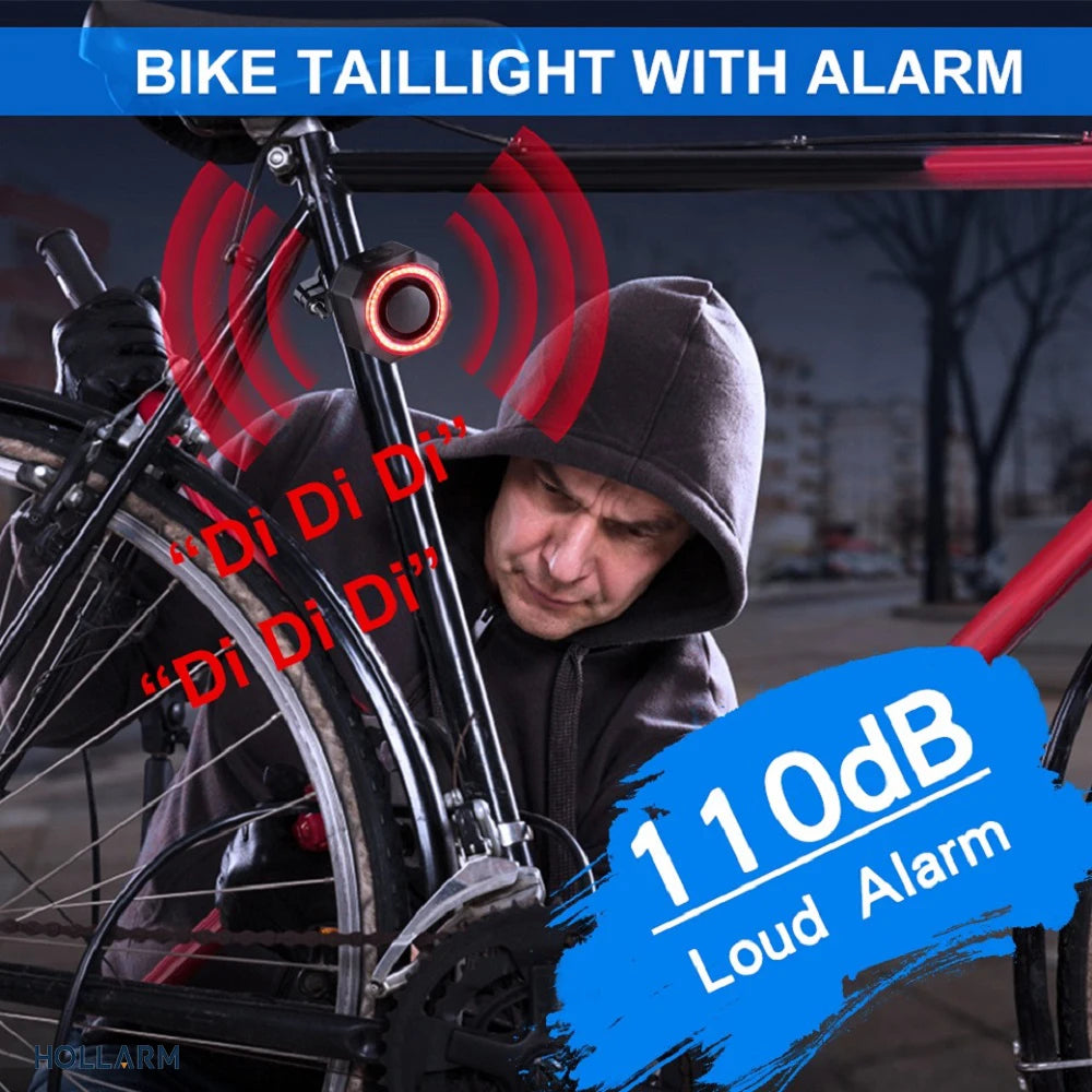 Hollarm Smart Bike Taillight Alarm Anti Theft Burglar Bicycle Light Alarm USB Charge Smart Brake Sensing Remote Control Tail Lam
