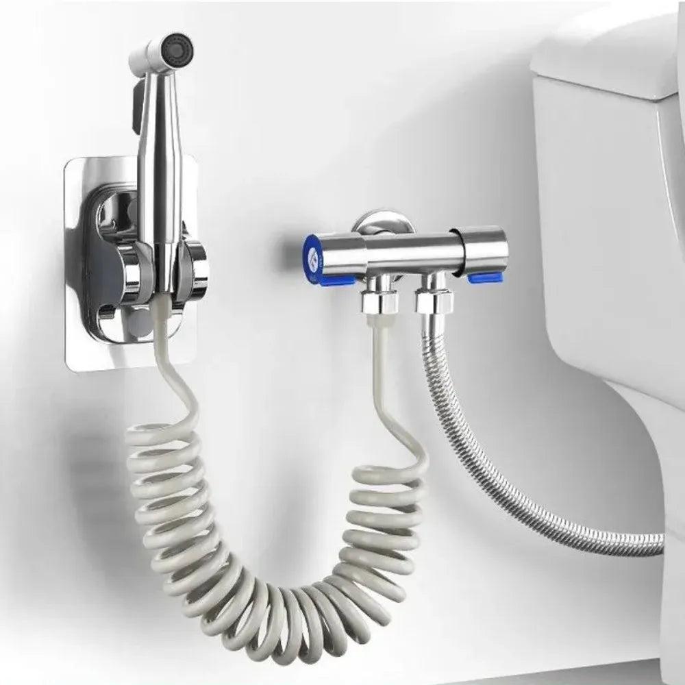 Handheld portable toilet flushing device with spray gun, handheld faucet, household bathroom shower head, self-cleaning