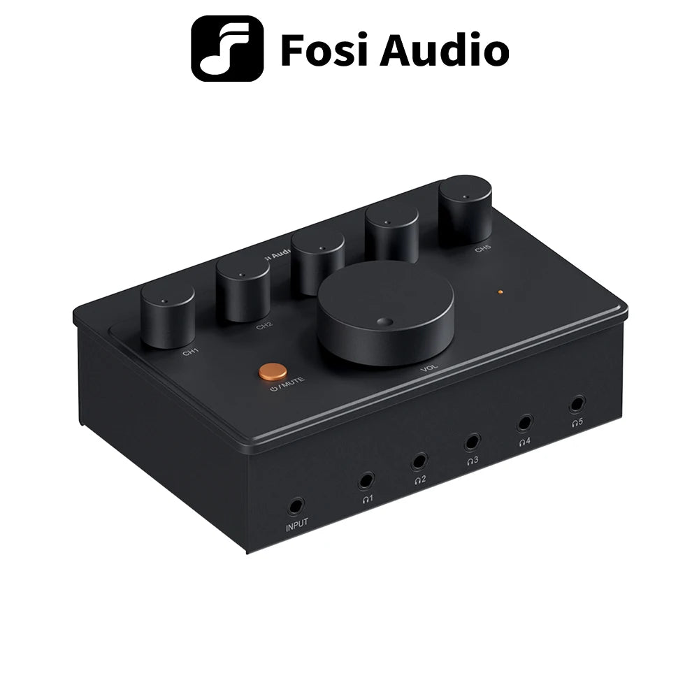 Fosi Audio PH05 5 Channel Headphone Amplifier, Mini Desktop Amp with Audio Interface Podcast Monitor Supports 16-300 Ω with 12V