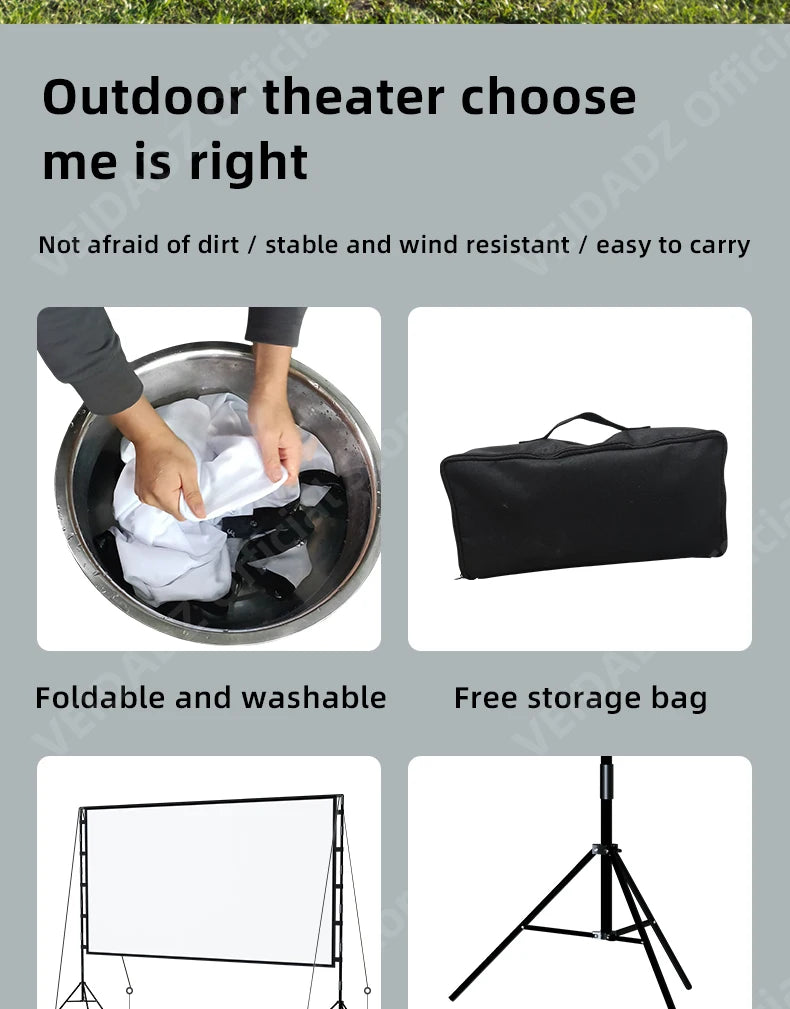 VEIDADZ Projector Screen With Stand Soft White Less Creases 60 84 100 120in With Carry Bag Foldable Double Tripod Screen Outdoor