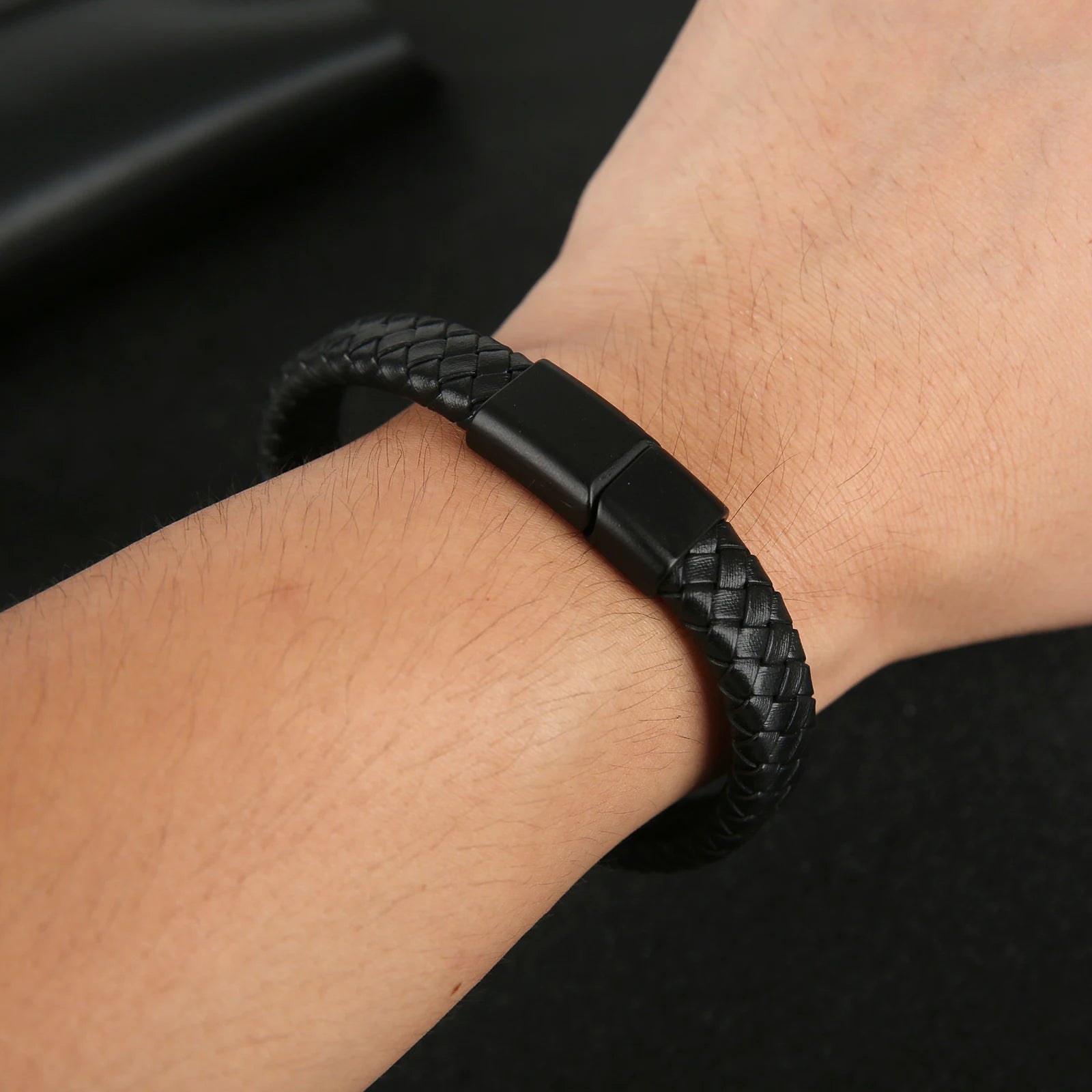 Mibrow Braided Black Leather Men Bracelet 10x5 12x6mm Size Fashion Metal Magnetic Clasp Wrap Bracelets Punk Charm Men Jewelry